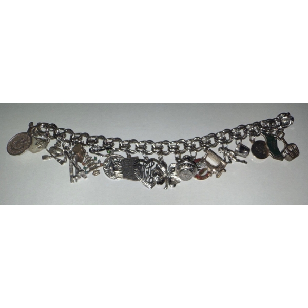 Stamped Sterling Vintage Charm Bracelet 8L w/ 19 Sterling Silver Charms