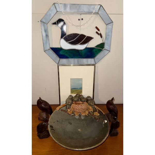 Stained Glass Duck Art w/ Stonewear Pottery Bowl Hand Carved Wood Birds & More