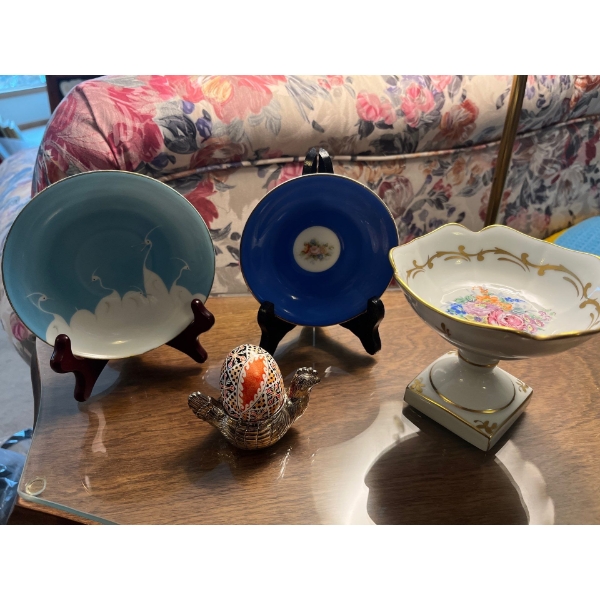  Hand-Painted Made In France Pedestal Dish Double BB Mark. With 2 saucers Hand Painted Mitsu Boshi N