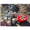 Image 1 : Bricks, 3 x grass catcher bags, Ingersoll Hi-Sweep 38 Lawn Sweeper and a little red tykes wagon. 