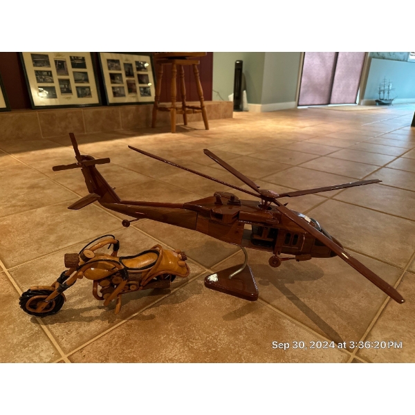 Wood Helicopter Model 23L& Motorcycle 