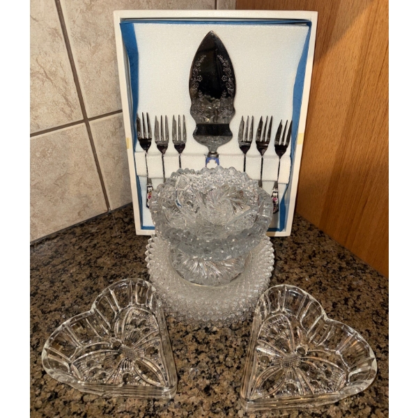 Vintage American Pressed Glass Pedestal Compote Dish Plates Heart Shaped Dishes & Serving Set