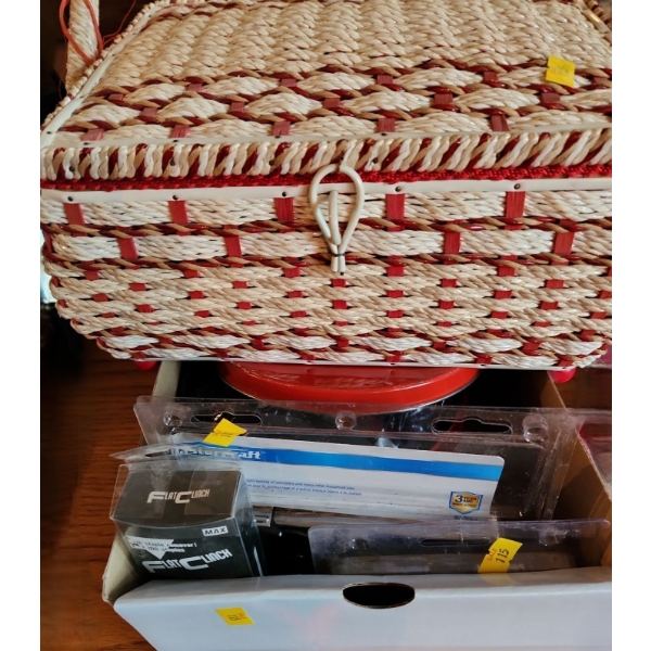 Sewing Basket 11 W, 9 D, 6 T, Tin of Buttons, Staple Gun Model 057-7936-8, Staple Remover
