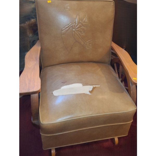 Vintage Beige Vinyl Seat Rocker w/ Wood Wheel Arm Design 32 W, 30 D, 34 T  