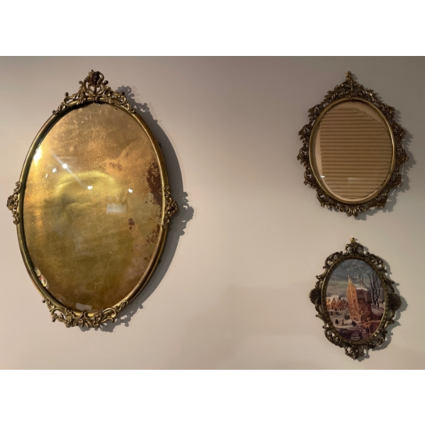 Antique Oval Picture Frames w/ Ornate Metal Details & Convex Glass 23T