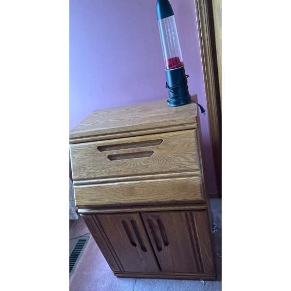 Pair of Wooden Side Tables (24W, 35T Each, One Has Damage) w/ Pair of Lamps 