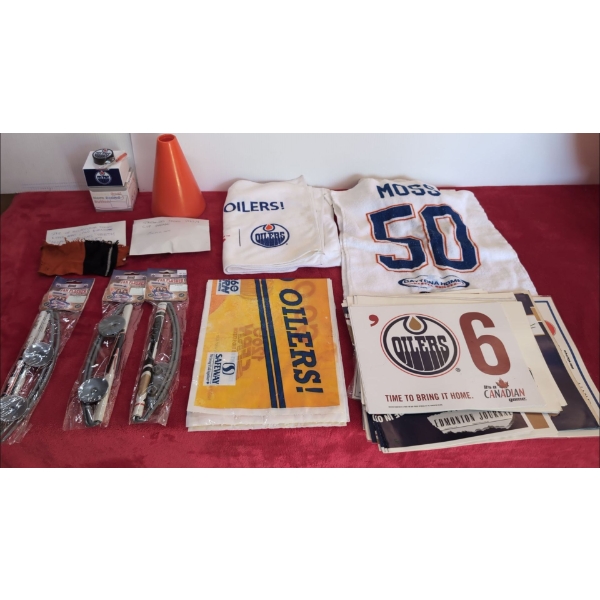 Oilers Towels, Various Signs, Fan Flasher Signs, Torn Piece of Flyers game worn Jersey
