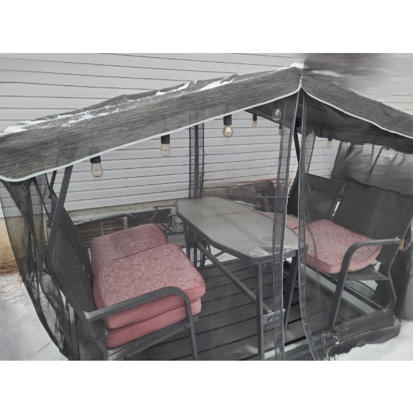 Veranda Brand Glider 4 Seater Table With Net Enclosure and String of Outdoor Lights 90 L, 71 T, 47 W