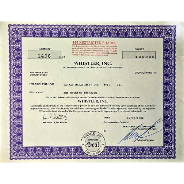 Vintage Stock Certificate (2002, Whistler Inc.) #3