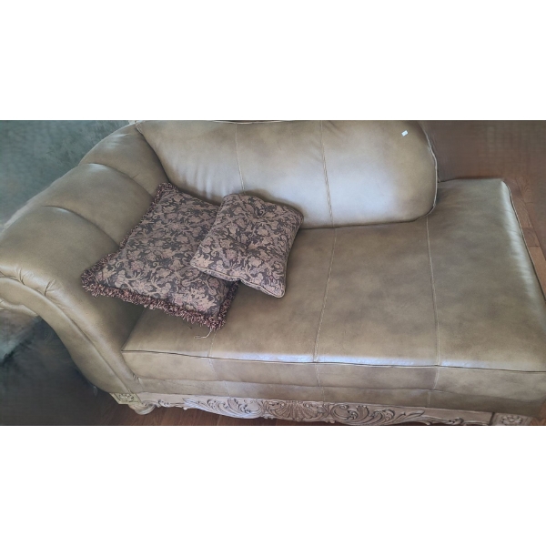 Leather Chaise w/ Carved Shell Detail 69 W, 38 D, 34 T 