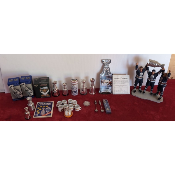 Oilers Statue with Stanley Cup, Variety of sizes of the Stanley Cups, Mini Mugs and Spoons