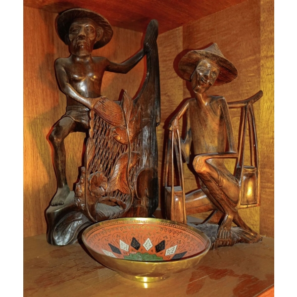 Exquisite Hand Carved Sculpture of Man & Friend w/ Brass Bowl