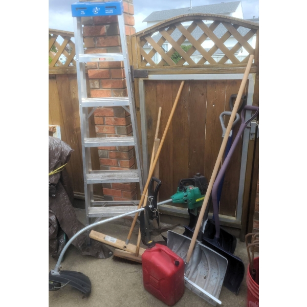 Outdoor Tool Lot With Aluminum Step Ladder, Weed Eater, Shovels