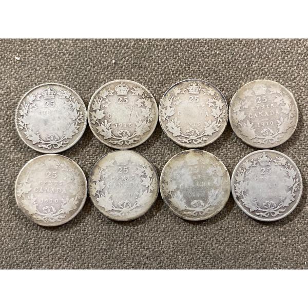 Eight Canadian Silver 25-Cent Coins Featuring King George V