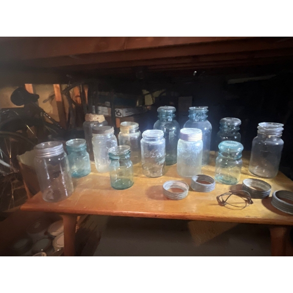  13 assorted jars ranging from mason fruit jars, perfect seal, Kerr company, nabob, and jewel jar. A