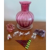Image 1 : Vintage Pilgrim Cranberry Rib Optic Large Vase 11'tall, w/ Blown Clear Glass Ornaments & Amethyst 