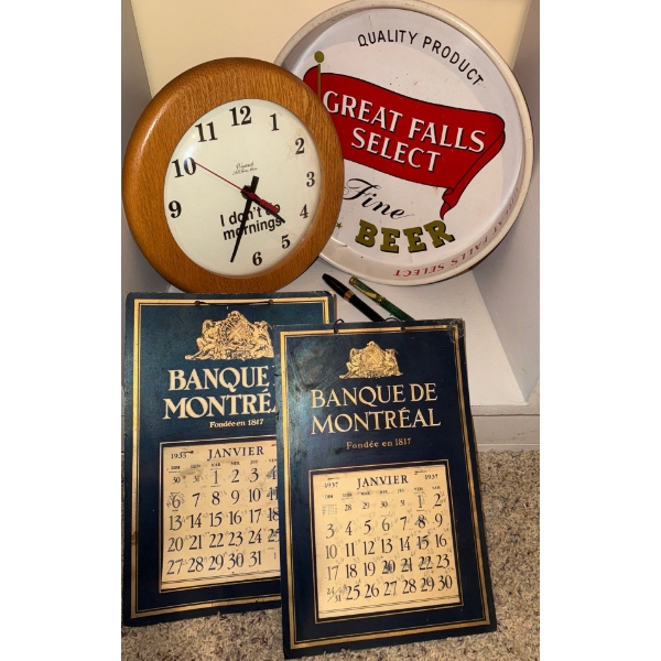 I Dont Like Mornings Wall Clock, Tray, & Bank Calenders from 1934 +Two Pens
