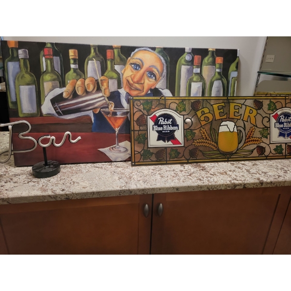 Decorative Bar Collection - Stained Glass Lager Sign w/ Bartender Painting 39x22 & More 