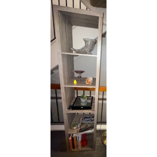 Grey Book Shelf w/ Multiple Home Decor Items- Tic Tac Toes, Candle Burner, Books, & More