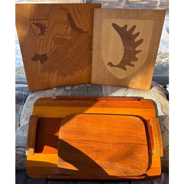 Handmade Wood working Wall Hangings, Tray & Two Walking Sticks