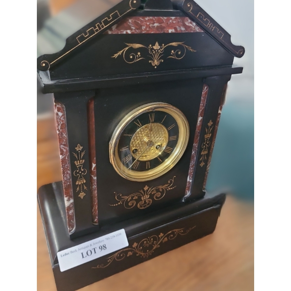 Marble Mantle Clock w Carved Golden Accents 12 w 7 d 16 h (Needs Repairs)
