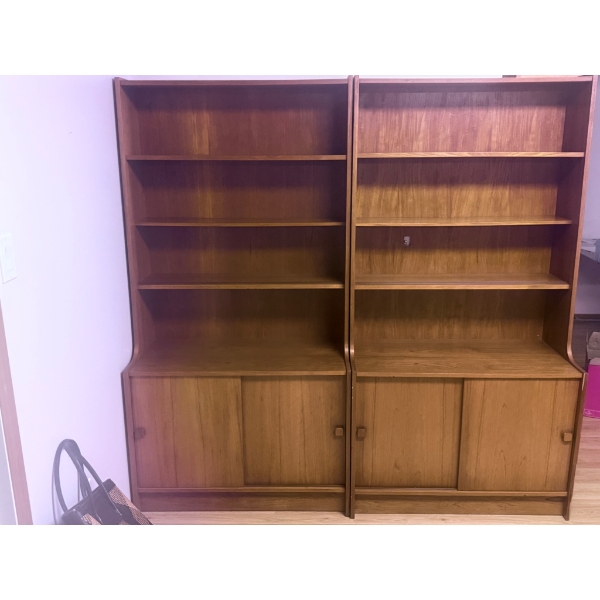 Teak Veneer Wood Shelving Units with Cabinets