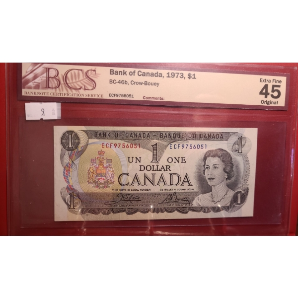 Certified Bank of Canada 1973- $1 Bill ECF9756051- BC-46b/ Extra Fine 45 Original 