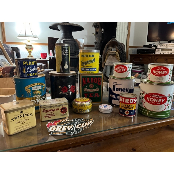  Collection of Tins pure Canadian honey, birds custard powder, nabob tea, maple leaf tender flake pu