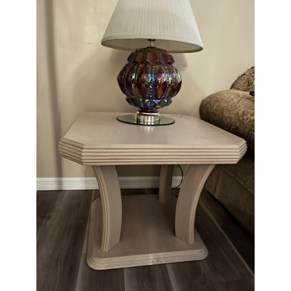 Set of two end tables, white and colour H23 L27 W27 and a matching coffee table,