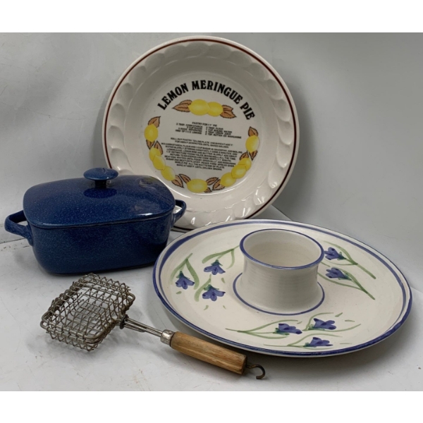 Blue Floral Pottery Chip + Dip Dish 11W, Antique Lemon Meringue Pie Dish, Caseroll Dish, Frying Tool