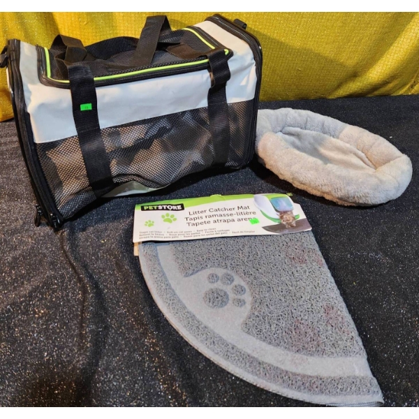 Pet Accessory Bundle: Cat Bed, Mesh Carrier, and Litter Catcher Mat