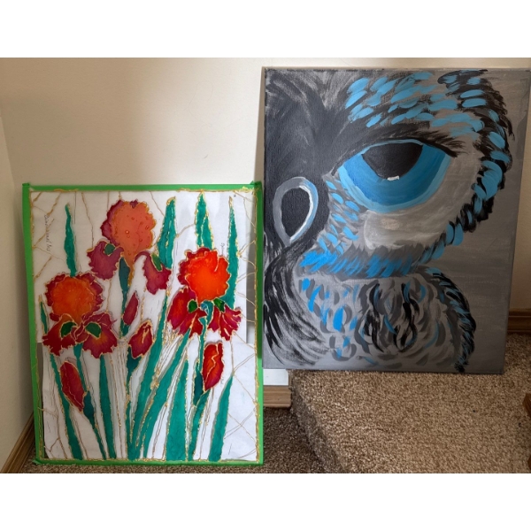 Stained Glass Poppy Art  w/ Owl Oil On Canvas Art 18T