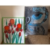 Image 1 : Stained Glass Poppy Art  w/ Owl Oil On Canvas Art 18T