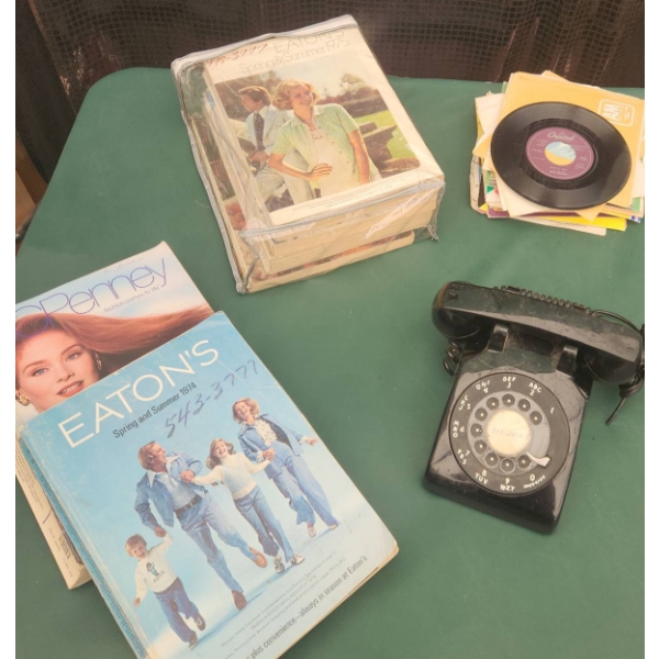 Vintage Eaton's Catalogues, 45 RPM Records, and Northern Electric Rotary Phone