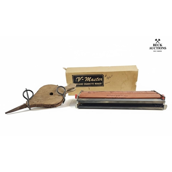  Vintage V-Master Deluxe Cigarette Maker From The Late 1940s, Wood And Leather Fireplace Bellows.