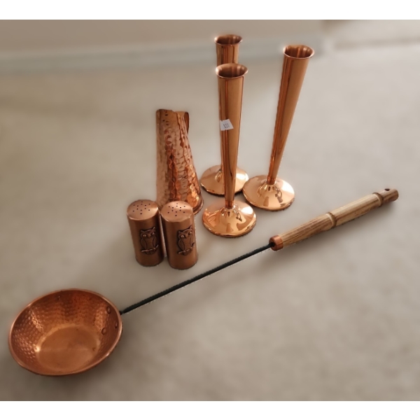 Copper Decor: Three Vases 3" Diameter Base, 8.5 T, Owl Salt and Pepper Shakers and More!
