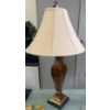 Image 2 : Table Lamps: One Brass and One Wooden with Fabric Shades