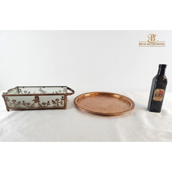  "Copper Lace" Rectangular Pillar Candle Holder,Hammered Copper Tray, Black Blood Potion Bottle Prop