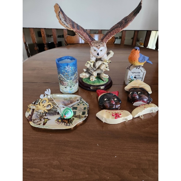Figurines Including Resin Owl and Chalkware Wall Hangers