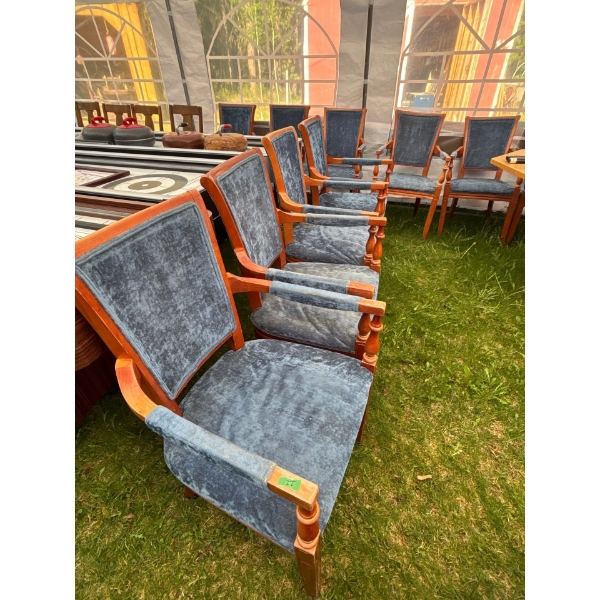 4 Oak Arm Chairs With Blue Velvet Seating Surface W22" H38"