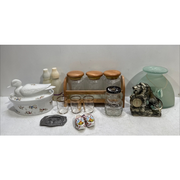 Vintage Glass Jars, Lion Thermometer, and more