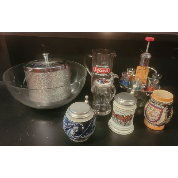 Collectable Steins, Liquor Dispenser, Metal Ash Bucket, Glass Serving Bowl