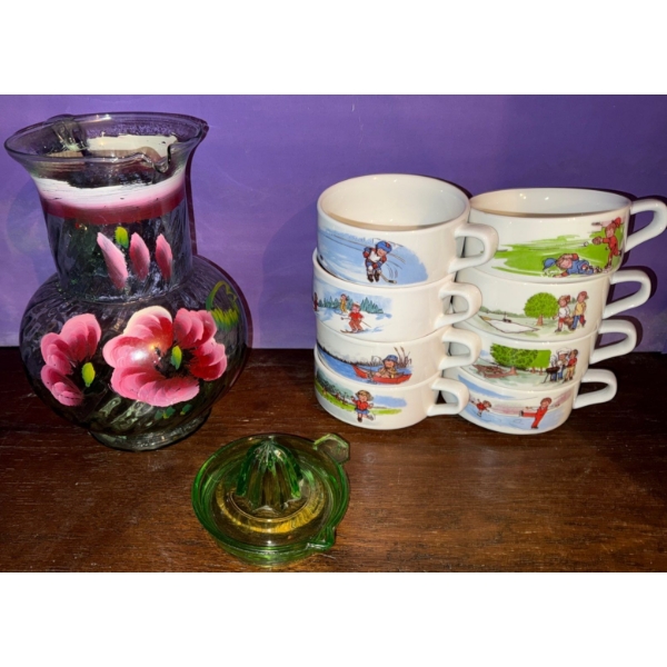  Floral Glass Pitcher, Vaseline Glass + Campbell's Children Soup Bowls