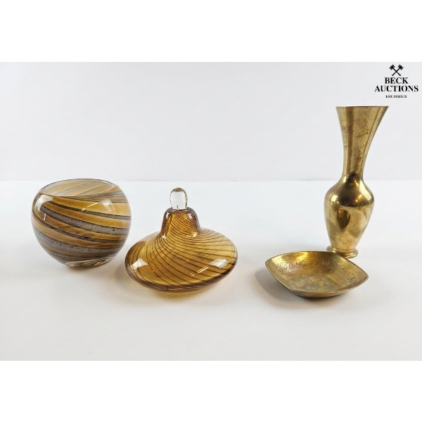  Amber Swirl Glass Vessels And Brass Decorative Pieces. 