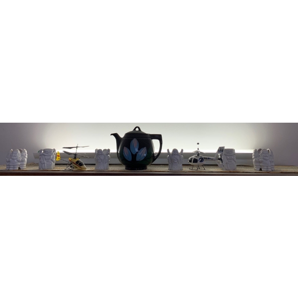 Hand Painted Japanese Tea Pot w/ Assorted Decorative Collectable Figurines & Helicopters
