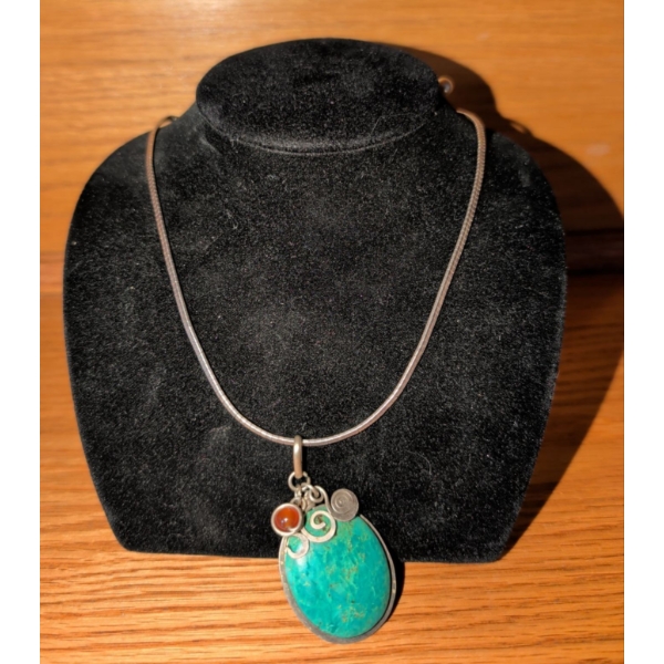 Stamped 925 Sterling Silver Necklace w/ Turquoise Bead Medallion 26.17g
