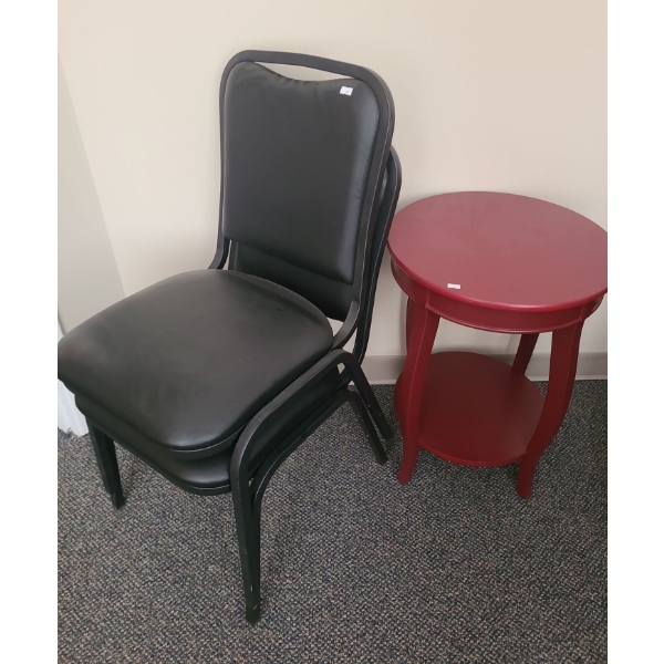 Pair of Metal/ Vinyl Chairs 17 W, 17 D, 32 T and Side Table 18" Diameter, 24 T 