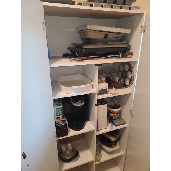 MDF Cupboard 29.5 w,17.5 d, 71 h w/ Contents: T-Fal Grill, Cuisinart Processor, Keurig and More!