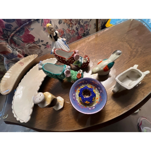 Collection of crystal glass bugs on hand made glass leaves with Fenton carnival glass, small fish. A