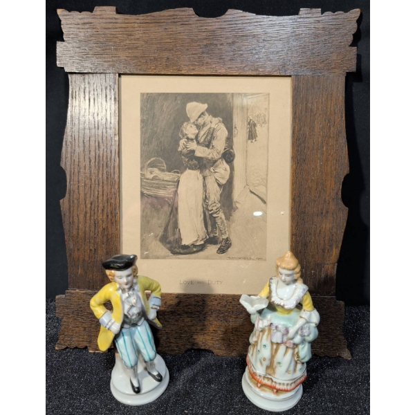 Antique Print in Oak Frame w/ Courting Couple Made In Occupied Japan